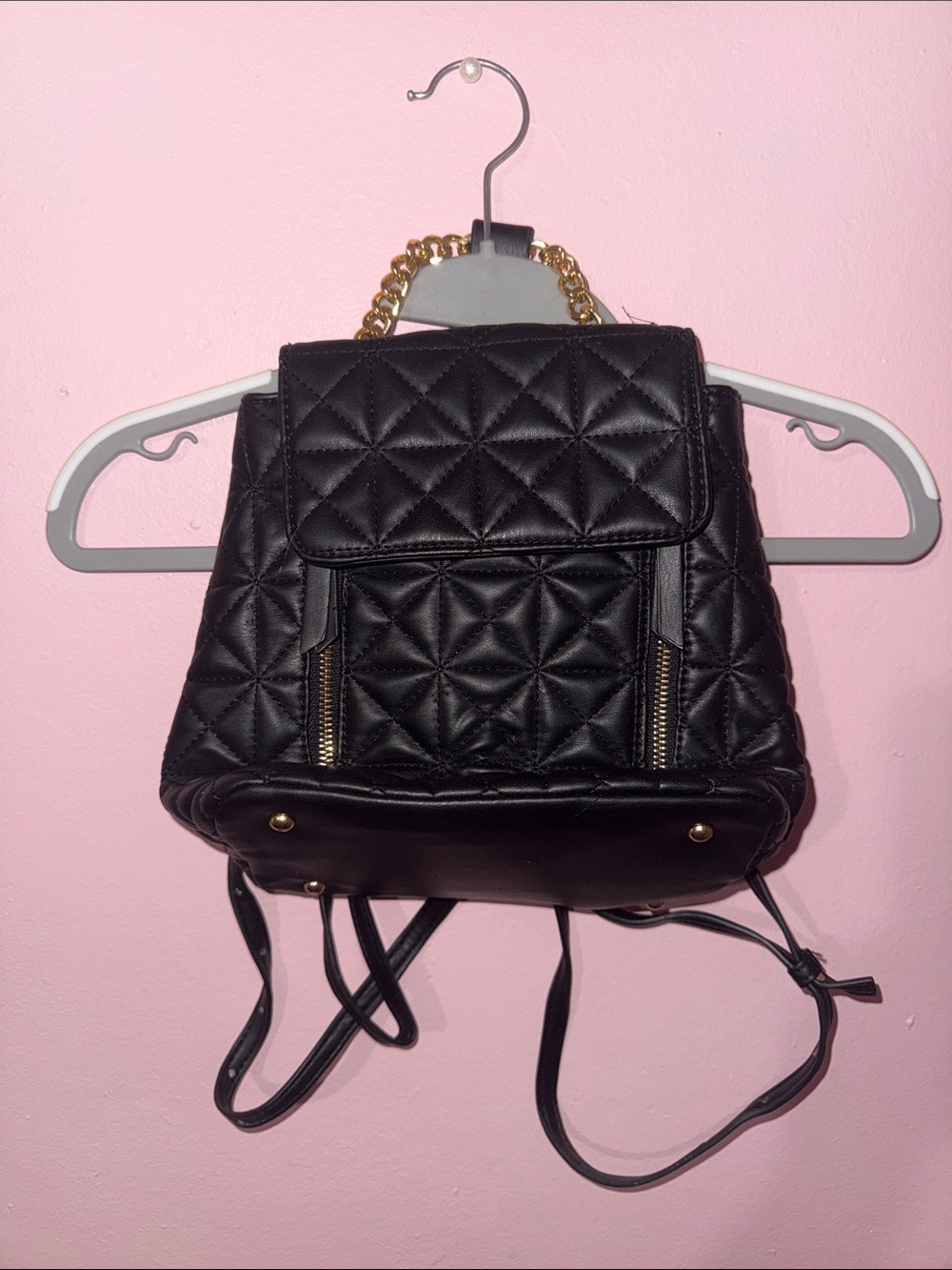 Quilted Black Women's Backpack with Gold Chain Detail